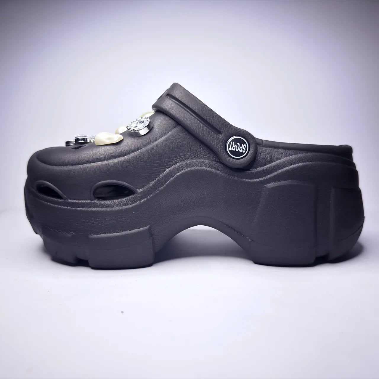 Black Platform Clogs with Pearl Charms