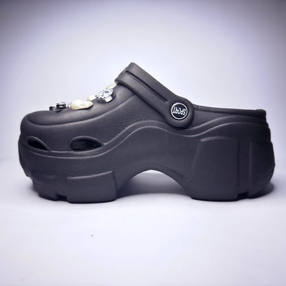 Black Platform Clogs with Pearl Charms