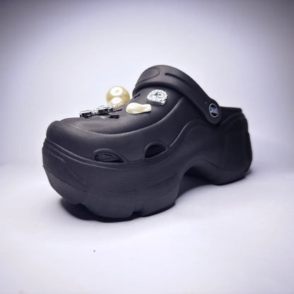 Black Platform Clogs with Pearl Charms