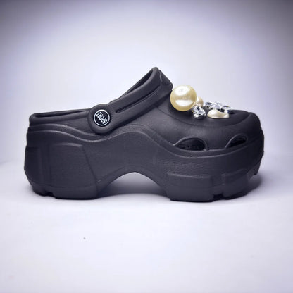 Black Platform Clogs with Pearl Charms