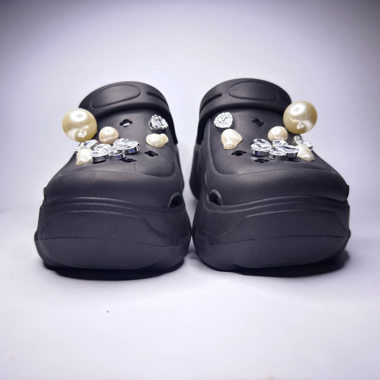 Black Platform Clogs with Pearl Charms