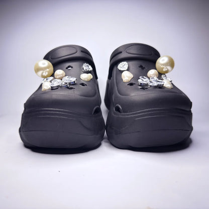 Black Platform Clogs with Pearl Charms