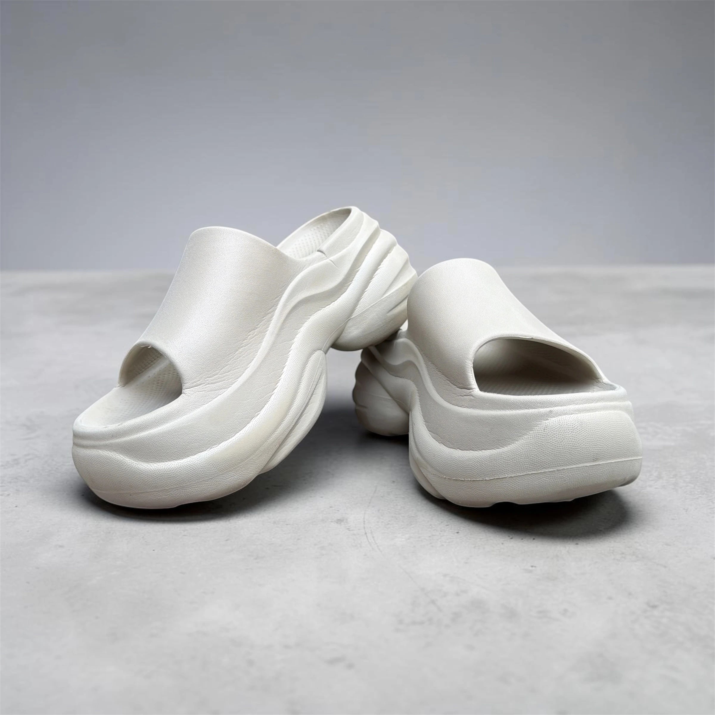 Chunky Platform Slides | Cream White Thick Sole Sliders | Wavy Sculpted Foam Slippers for Women