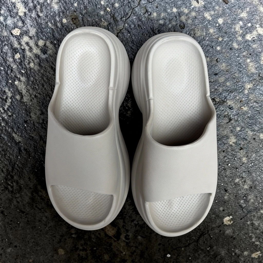 Chunky Platform Slides | Cream White Thick Sole Sliders | Wavy Sculpted Foam Slippers for Women