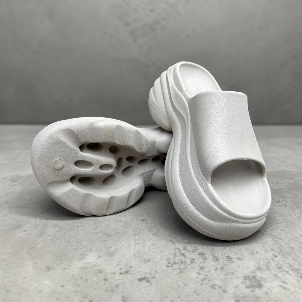 Chunky Platform Slides | Cream White Thick Sole Sliders | Wavy Sculpted Foam Slippers for Women