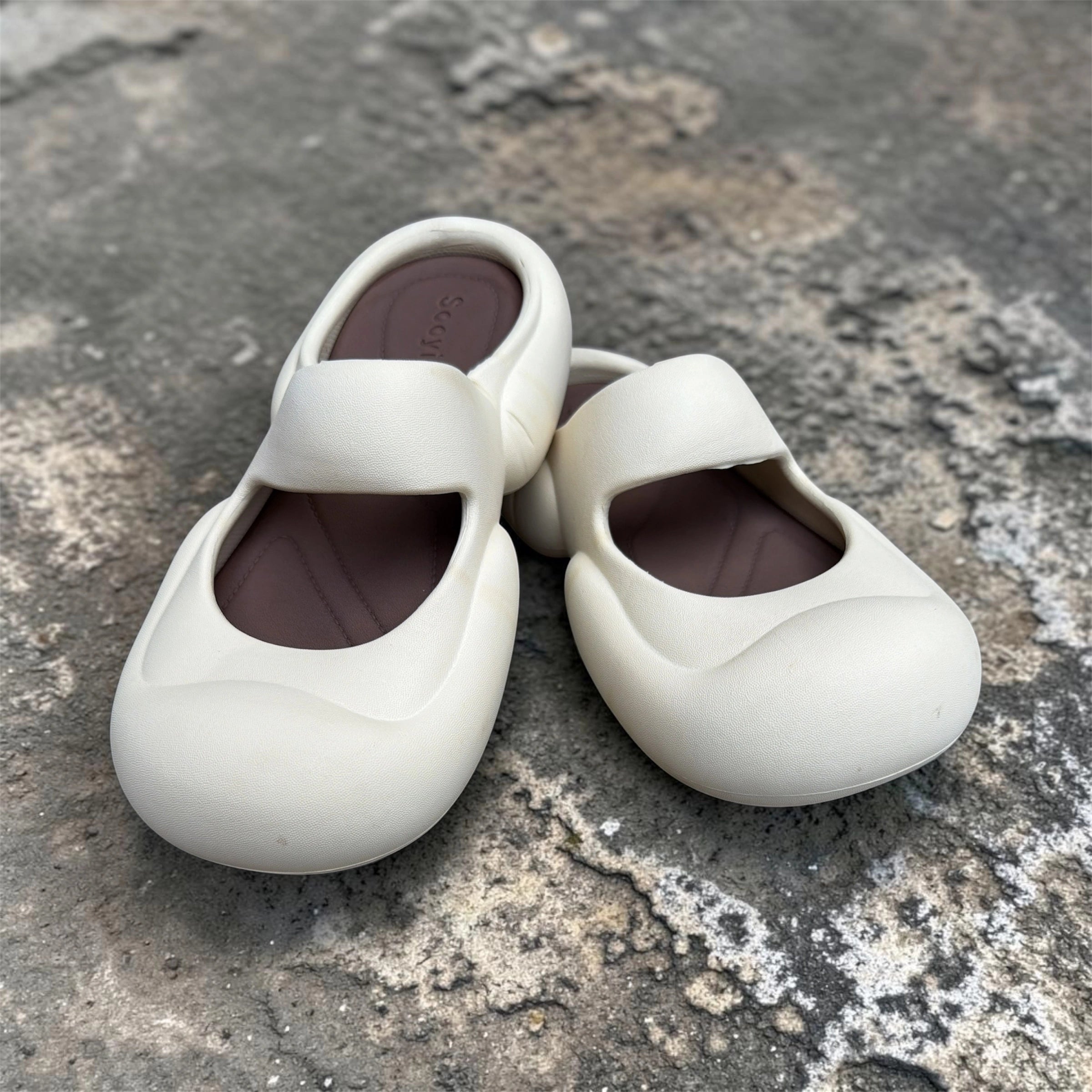 Cream Mary Jane Ballet Flats | Rounded Toe Foam Slides | Brown Lined Comfort Footwear for Women