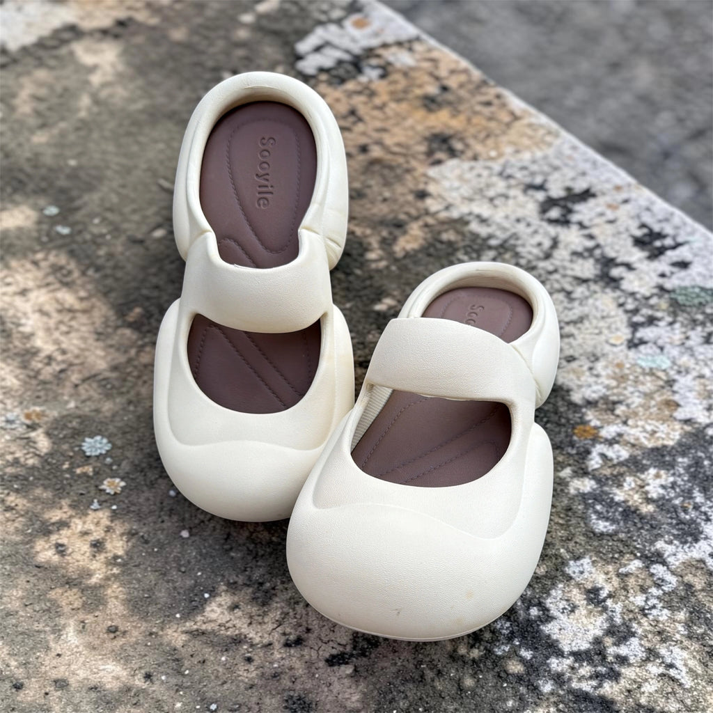 Cream Mary Jane Ballet Flats | Rounded Toe Foam Slides | Brown Lined Comfort Footwear for Women