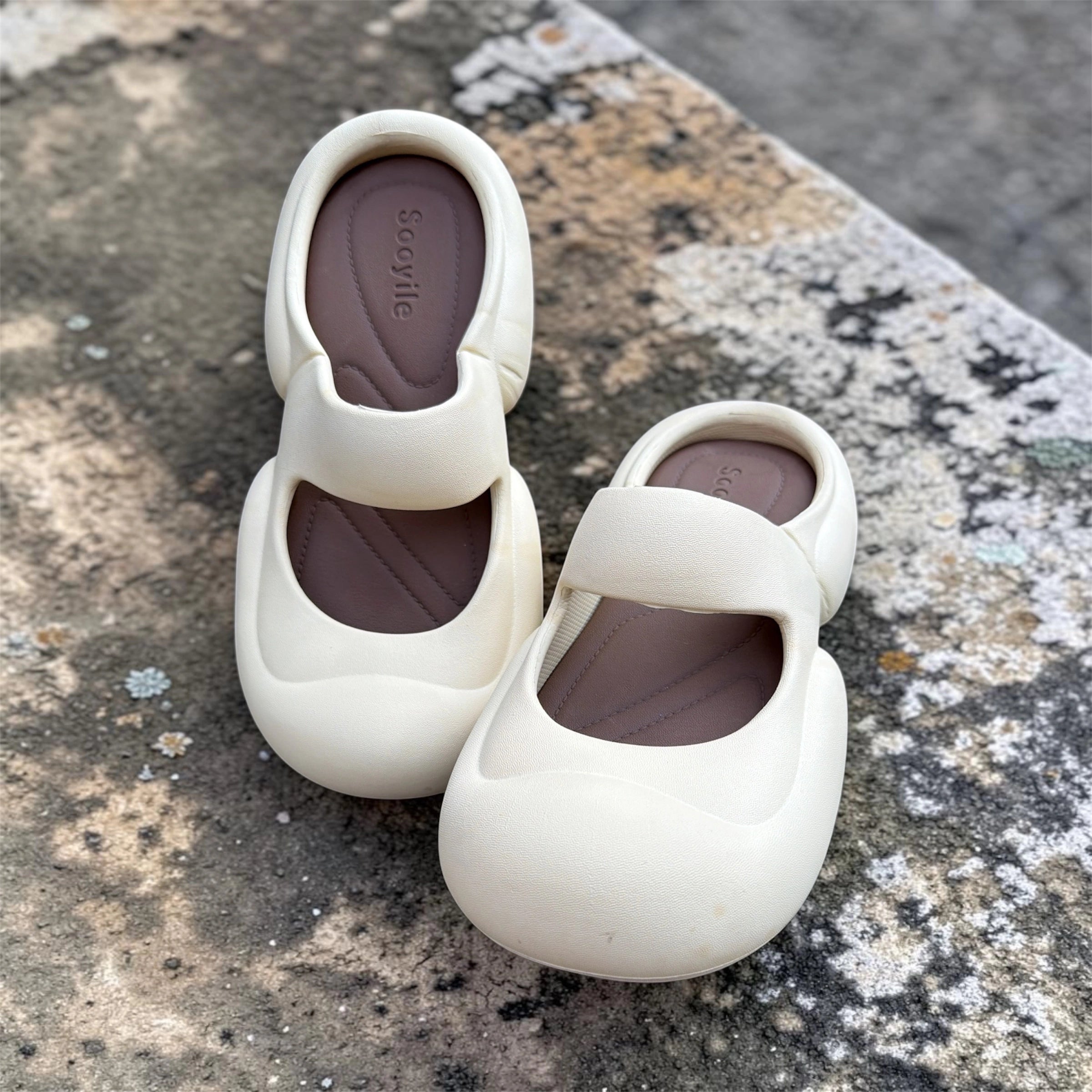 Cream Mary Jane Ballet Flats | Rounded Toe Foam Slides | Brown Lined Comfort Footwear for Women