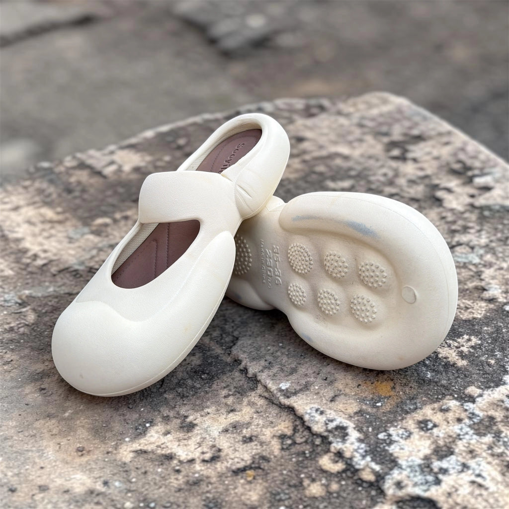 Cream Mary Jane Ballet Flats | Rounded Toe Foam Slides | Brown Lined Comfort Footwear for Women