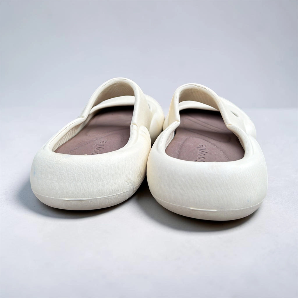 Cream Mary Jane Ballet Flats | Rounded Toe Foam Slides | Brown Lined Comfort Footwear for Women