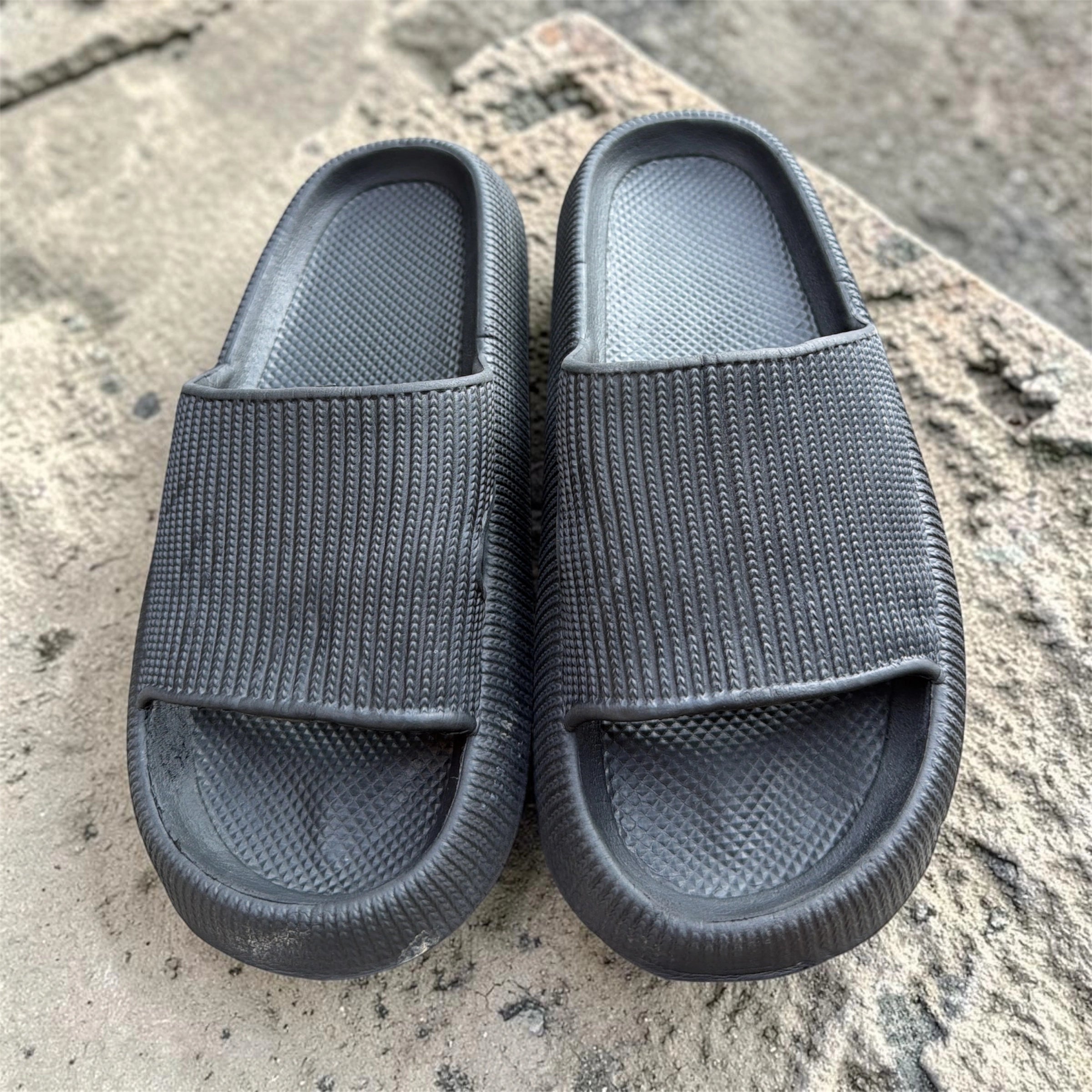 Grey Ribbed Pillow Slides | Textured Foam Slippers | Thick Sole Comfort Sliders for Men