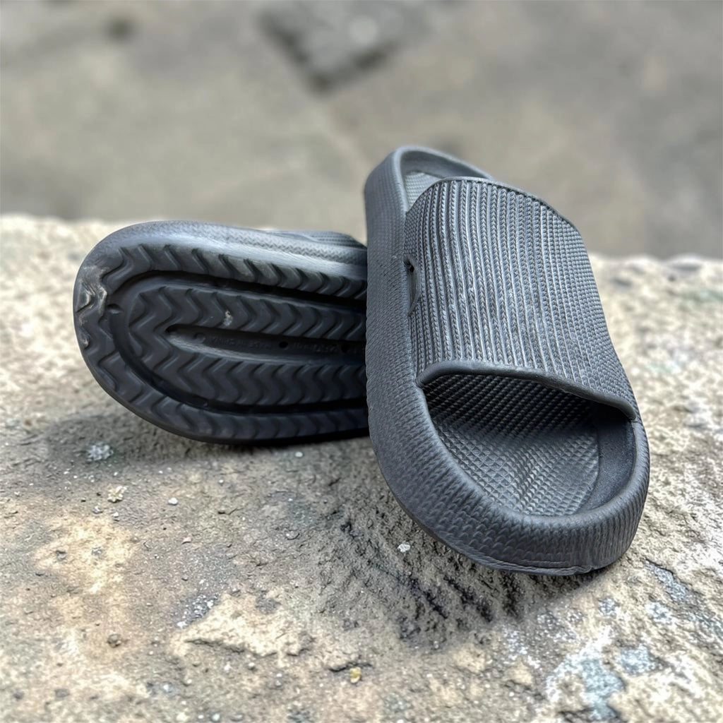 Grey Ribbed Pillow Slides | Textured Foam Slippers | Thick Sole Comfort Sliders for Men