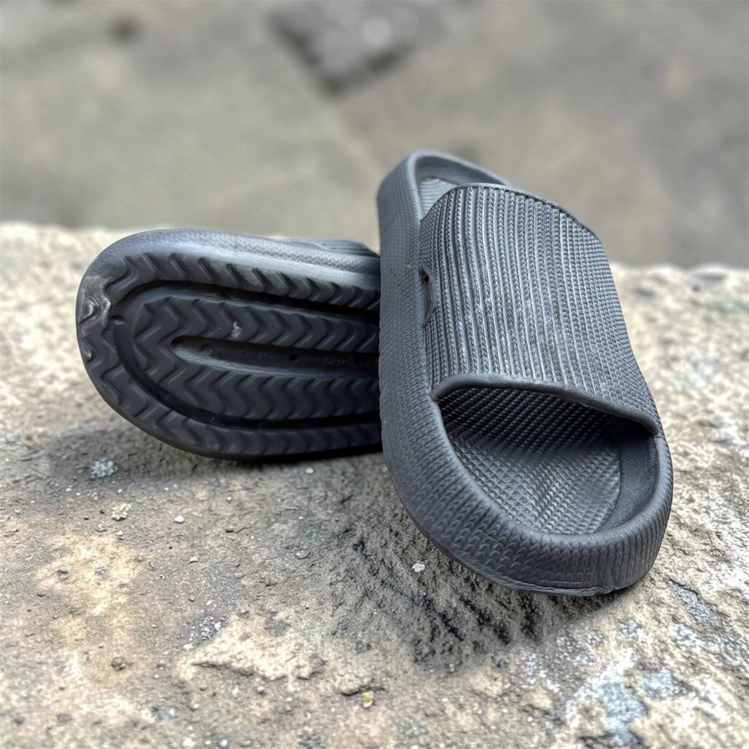 Grey Ribbed Pillow Slides | Textured Foam Slippers | Thick Sole Comfort Sliders for Men