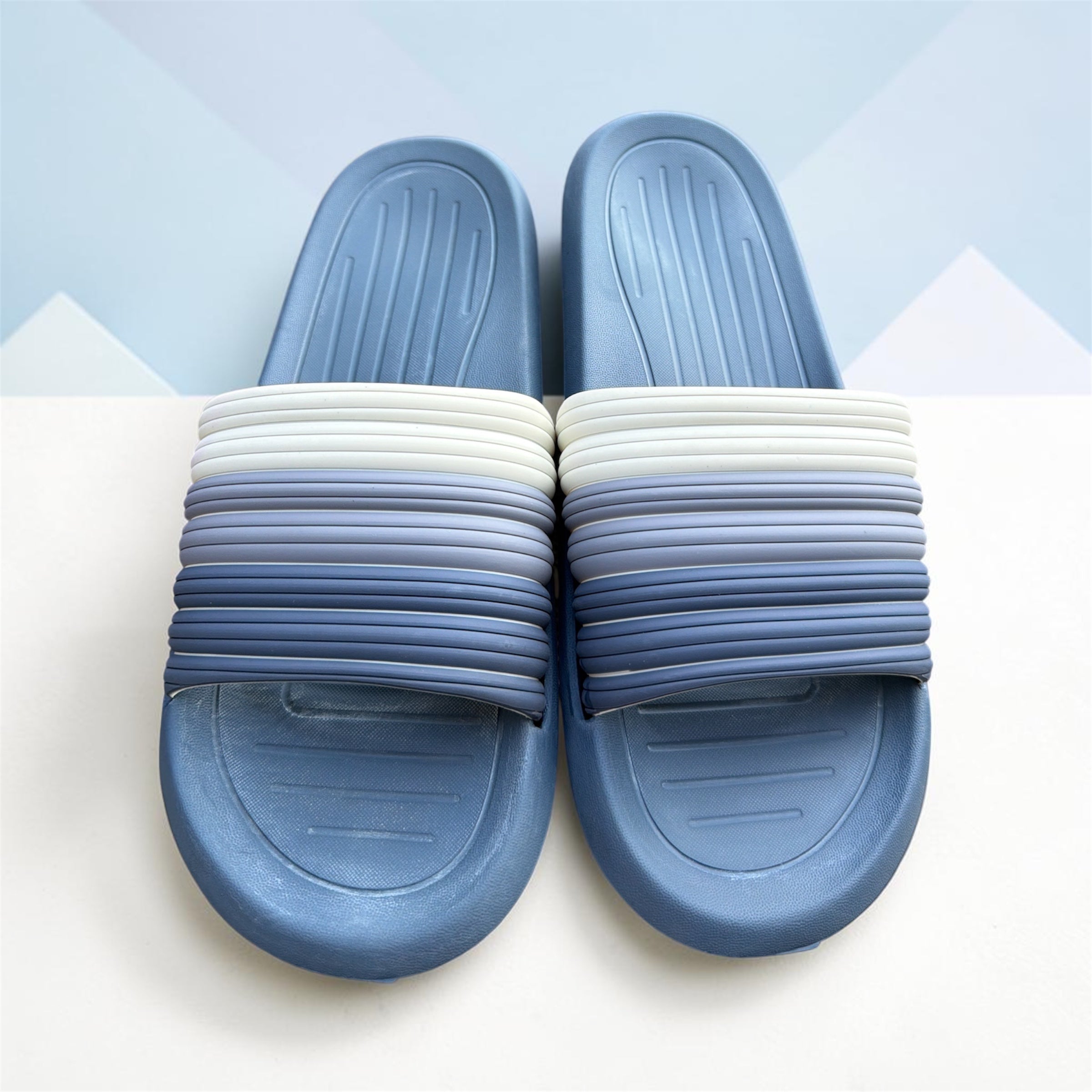 Blue Gradient Ribbed Slides | Ombre Foam Sliders | Cushioned Comfort Slippers for Men