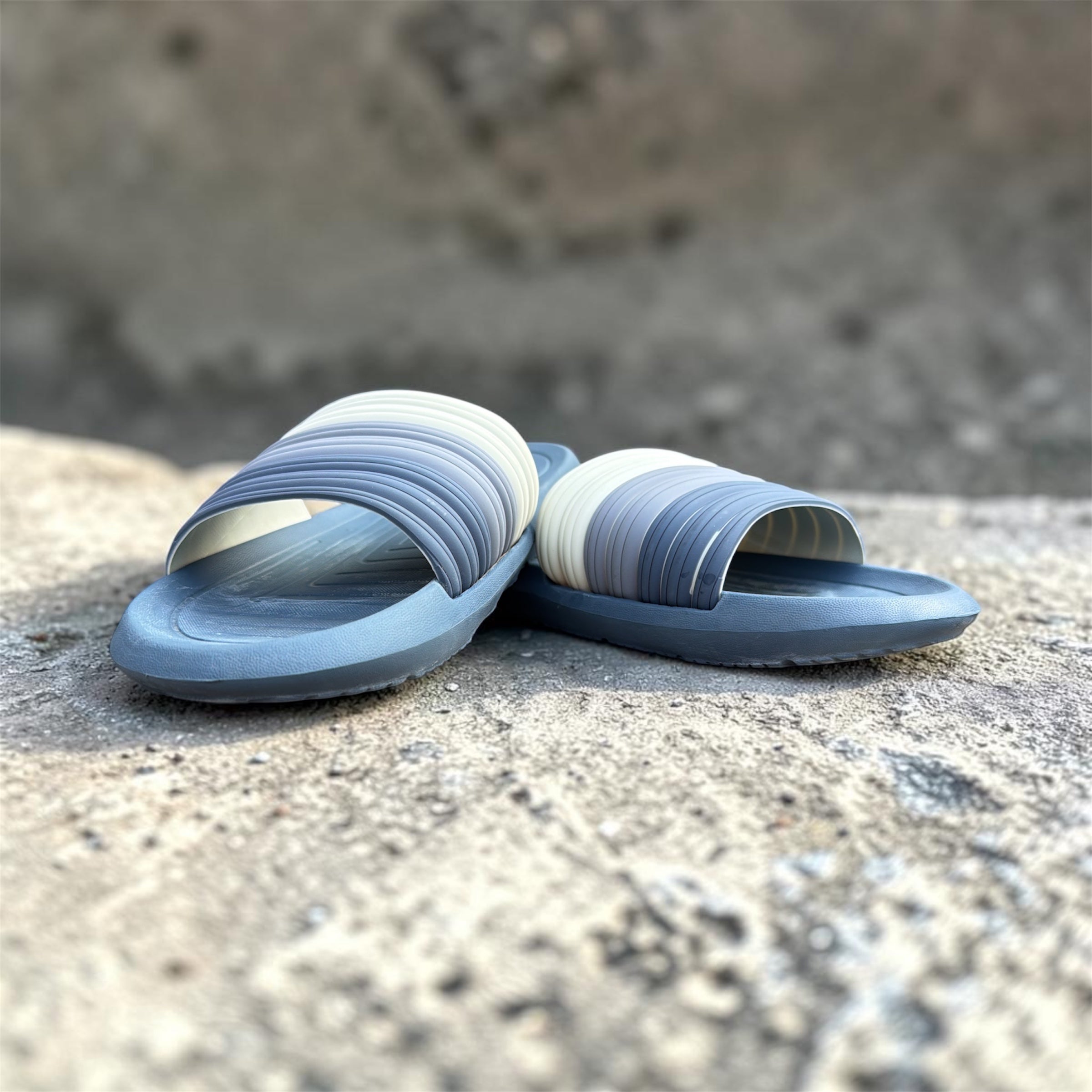 Blue Gradient Ribbed Slides | Ombre Foam Sliders | Cushioned Comfort Slippers for Men