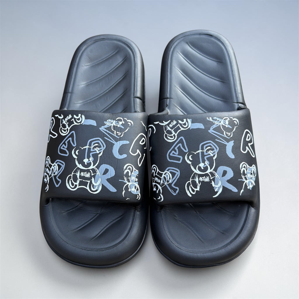 Black Graffiti Bear Print Slides | Streetwear Active Foam Sliders | Comfortable Casual Slippers