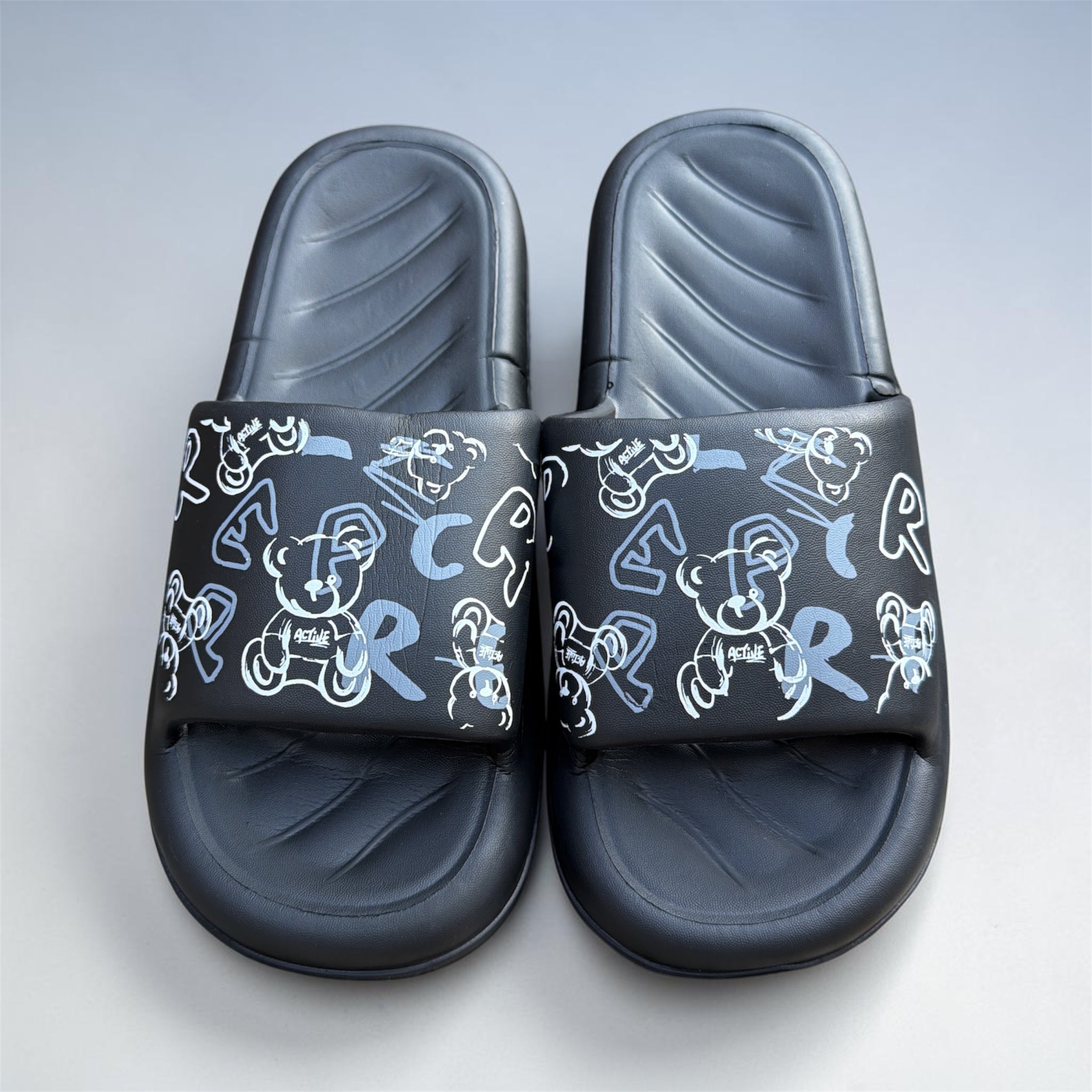 Black Graffiti Bear Print Slides | Streetwear Active Foam Sliders | Comfortable Casual Slippers