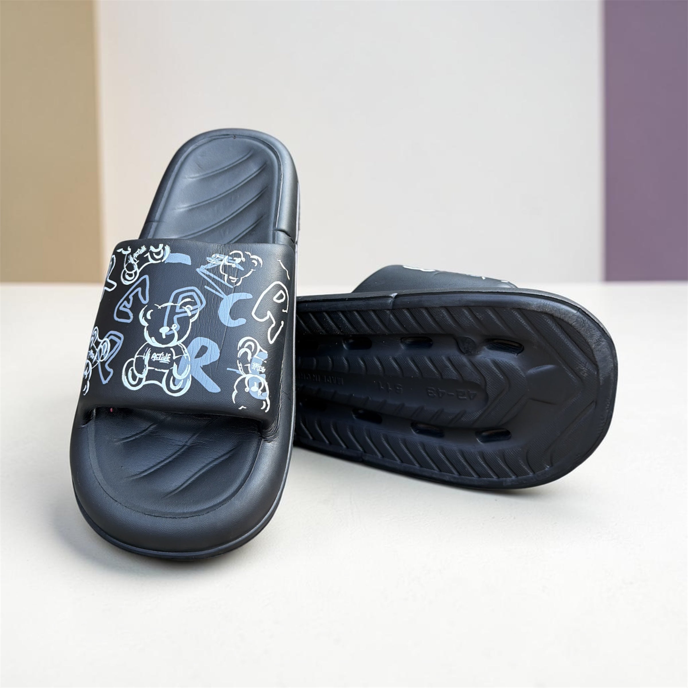 Black Graffiti Bear Print Slides | Streetwear Active Foam Sliders | Comfortable Casual Slippers