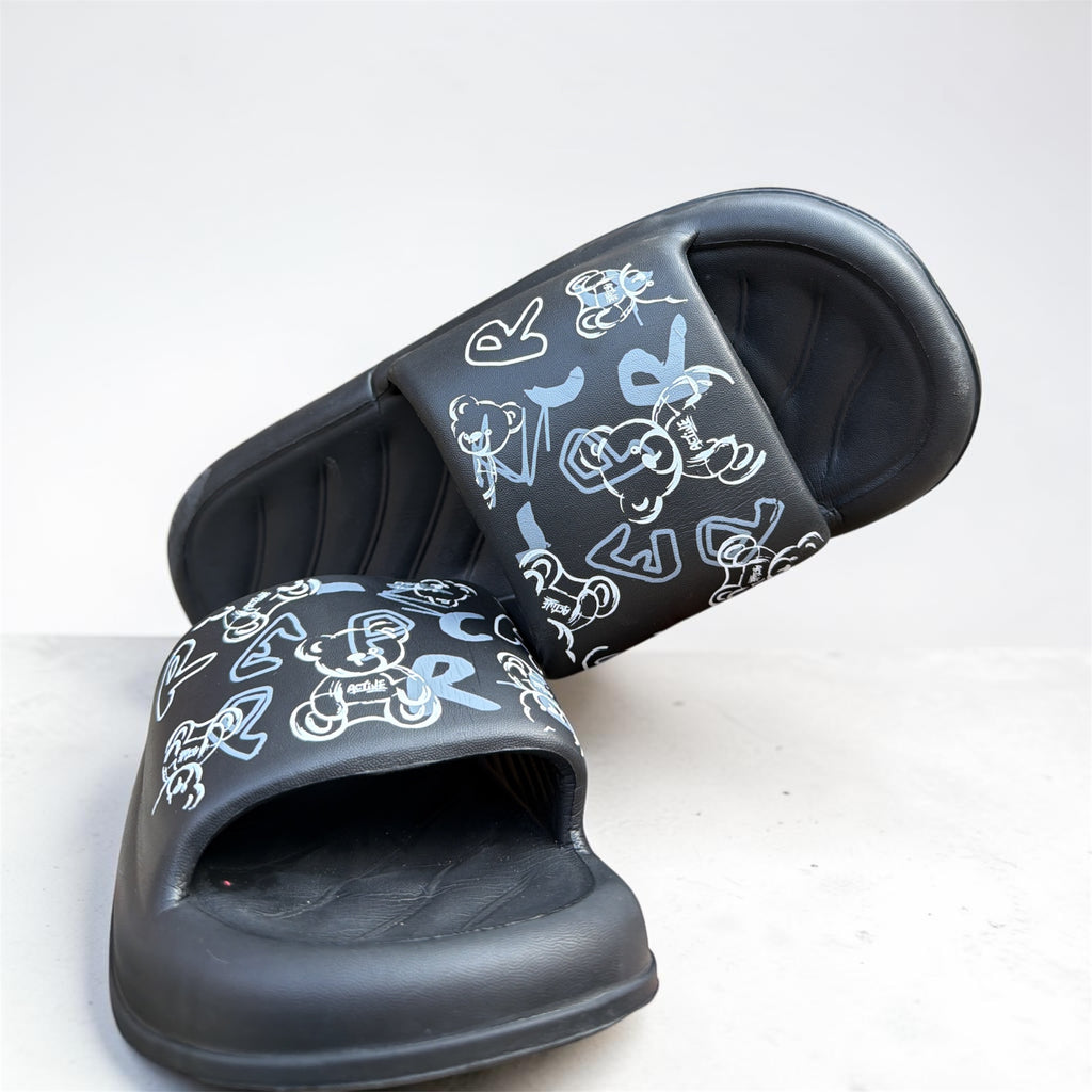 Black Graffiti Bear Print Slides | Streetwear Active Foam Sliders | Comfortable Casual Slippers