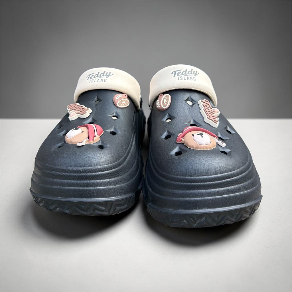 Teddy Island Navy Blue Clogs | Cream Trim with Cute Bear Charms | Branded Foam Clogs