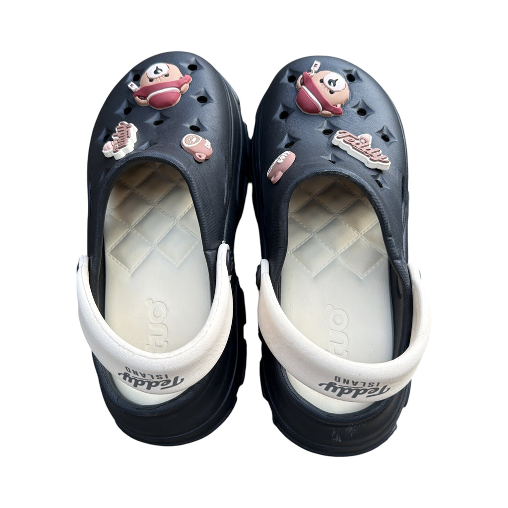Teddy Island Navy Blue Clogs | Cream Trim with Cute Bear Charms | Branded Foam Clogs