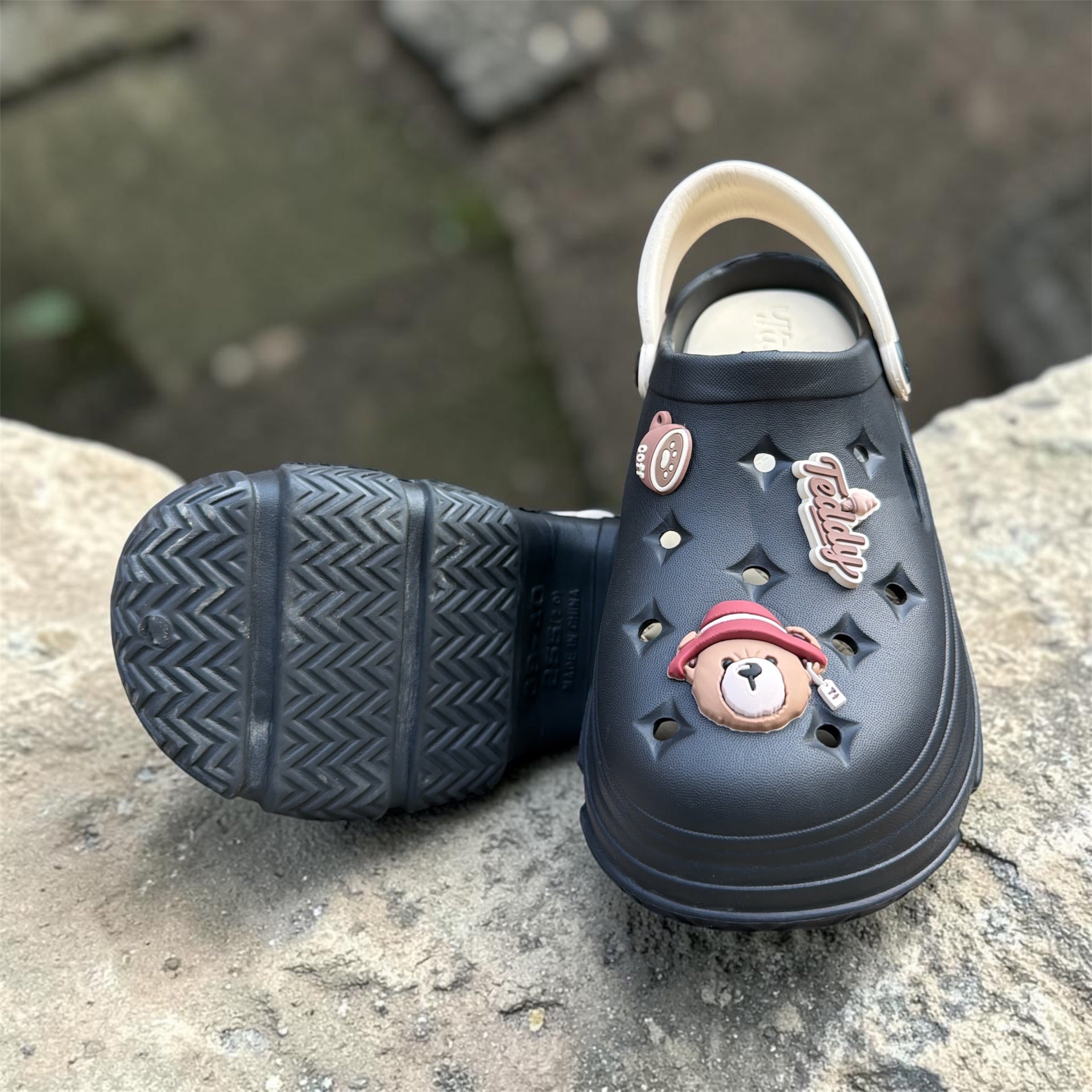 Teddy Island Navy Blue Clogs | Cream Trim with Cute Bear Charms | Branded Foam Clogs