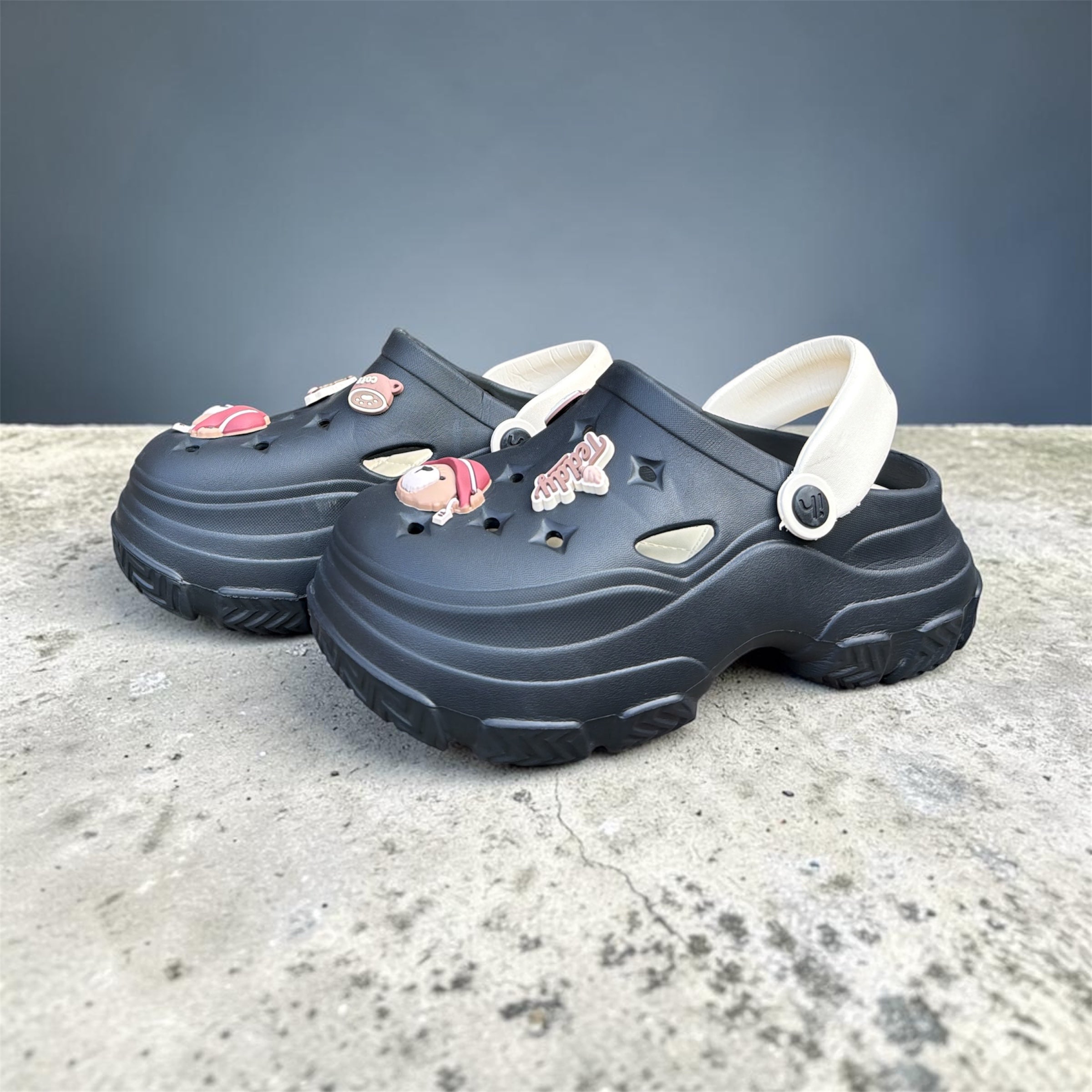 Teddy Island Navy Blue Clogs | Cream Trim with Cute Bear Charms | Branded Foam Clogs