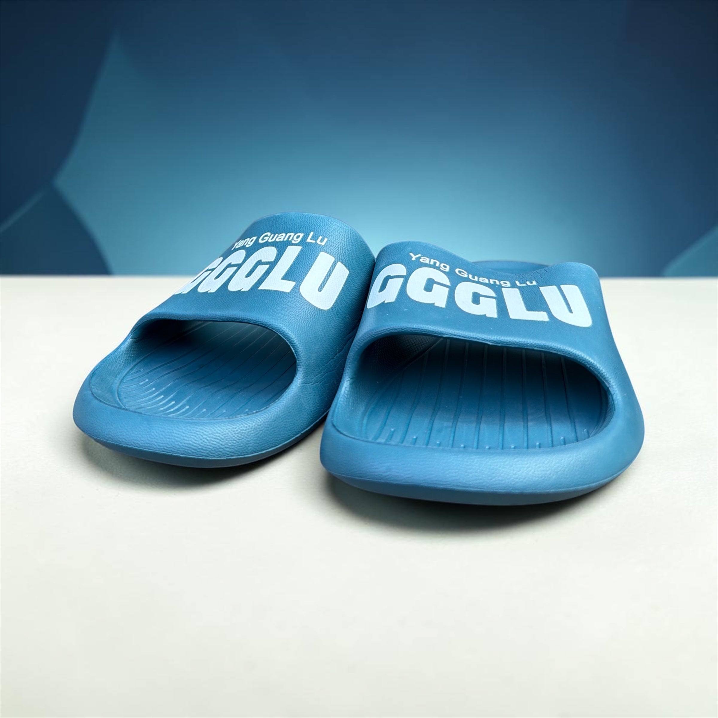 GGGLU Blue Slides | Yang Guang Lu Branded Foam Sliders | Bold Logo Print Slippers