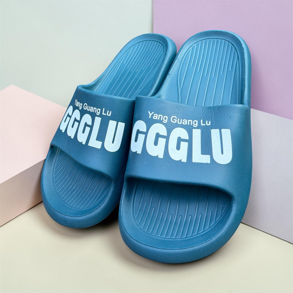 GGGLU Blue Slides | Yang Guang Lu Branded Foam Sliders | Bold Logo Print Slippers