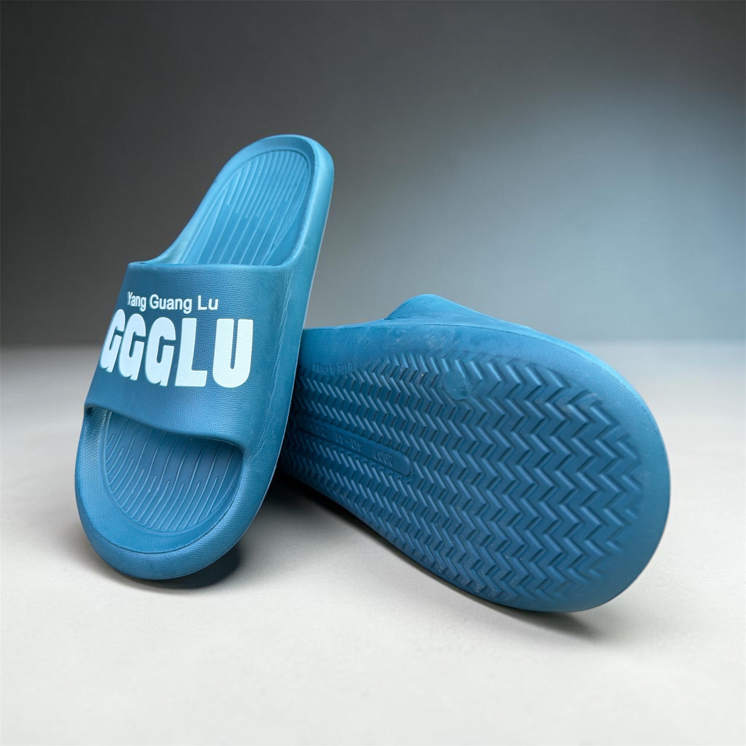 GGGLU Blue Slides | Yang Guang Lu Branded Foam Sliders | Bold Logo Print Slippers