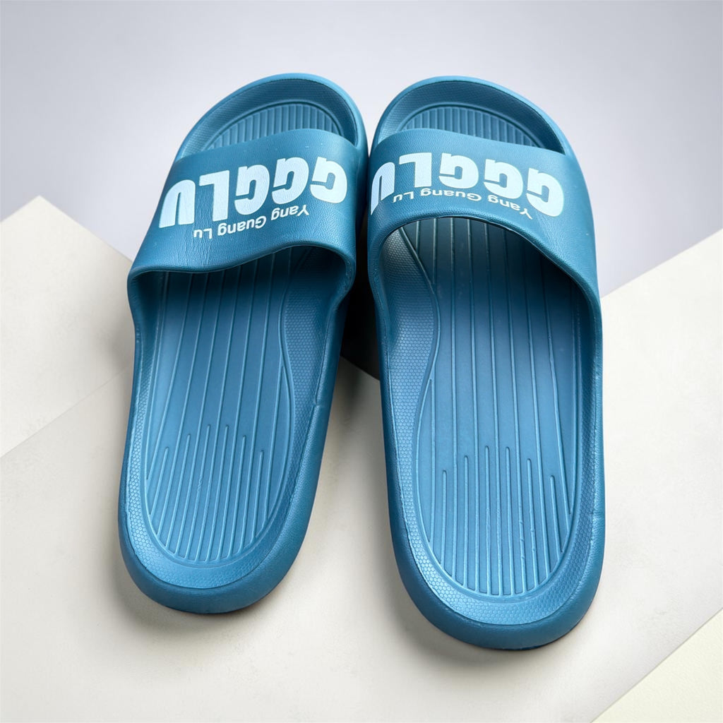 GGGLU Blue Slides | Yang Guang Lu Branded Foam Sliders | Bold Logo Print Slippers