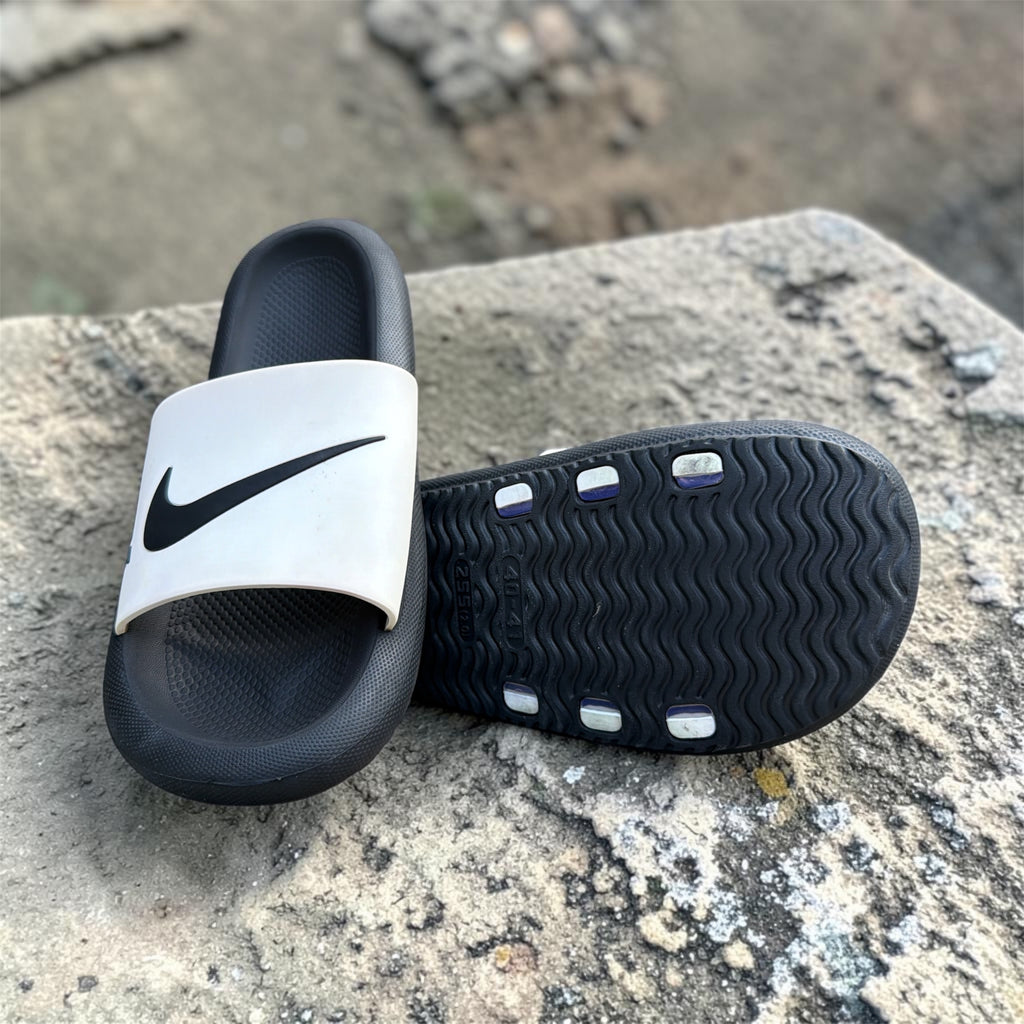 Black & White Nike-Style Slides | Swoosh Logo Print | Comfortable Sport Sliders
