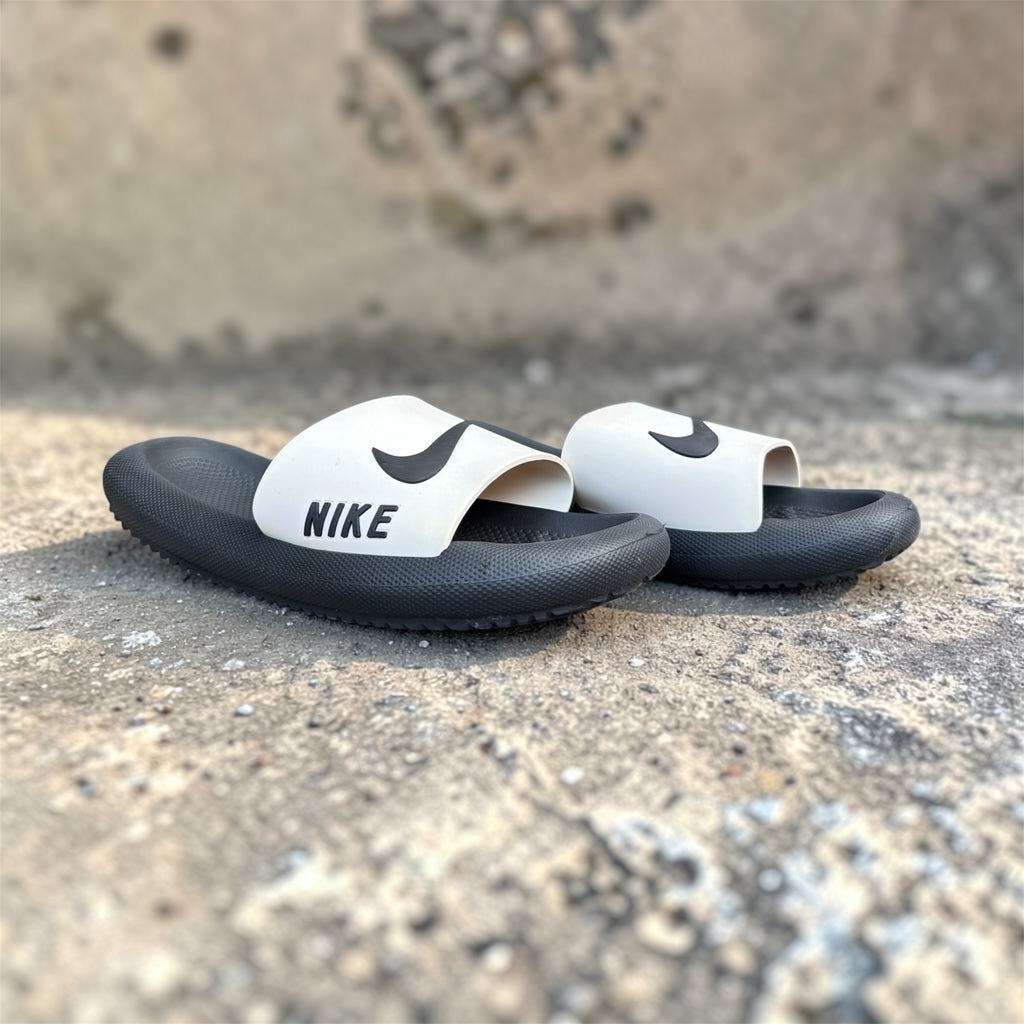 Black & White Nike-Style Slides | Swoosh Logo Print | Comfortable Sport Sliders