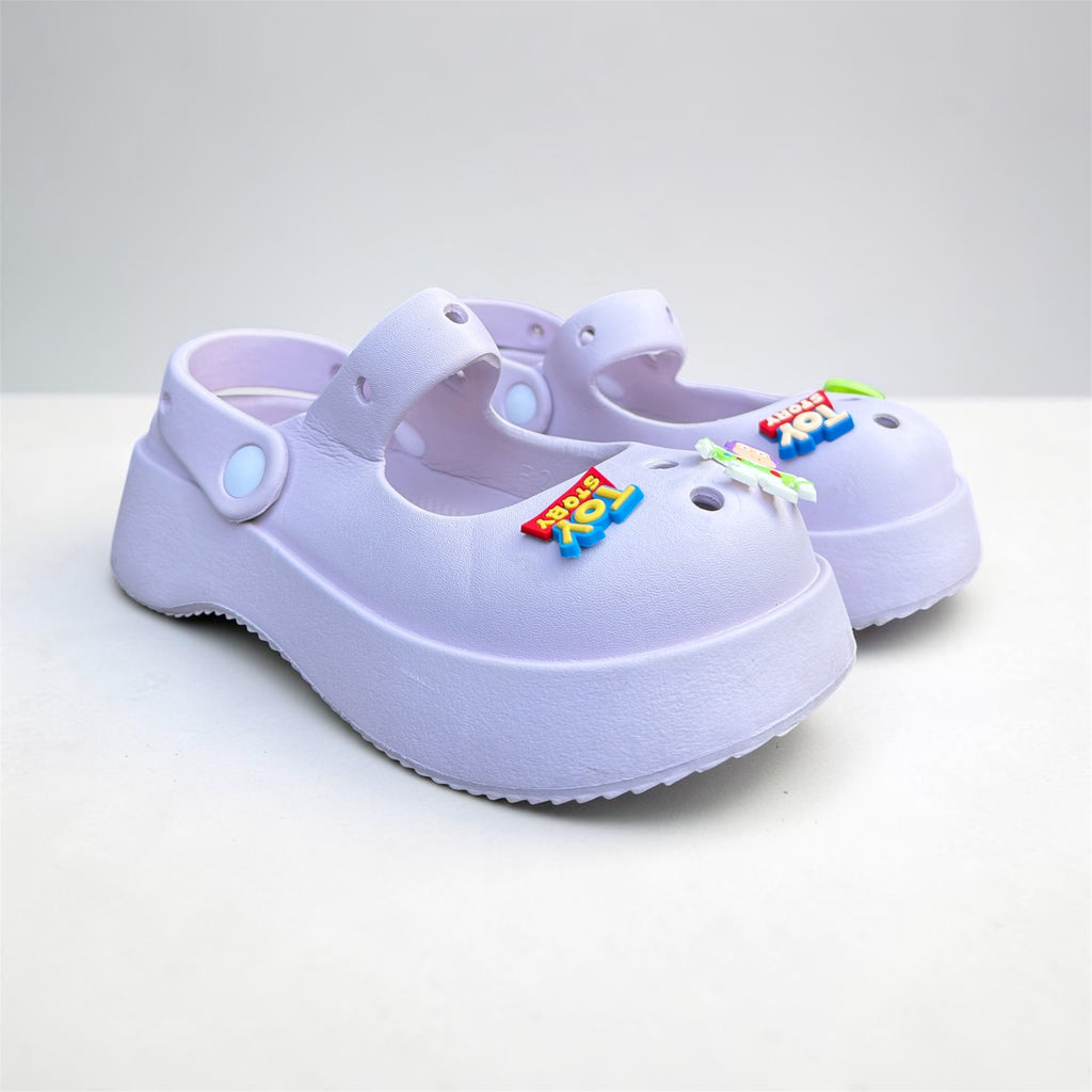 White Mary Jane Clogs with Cartoon Charms | Astronaut & Monster Pin Decorated Kids Clogs