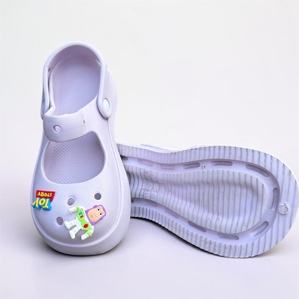 White Mary Jane Clogs with Cartoon Charms | Astronaut & Monster Pin Decorated Kids Clogs