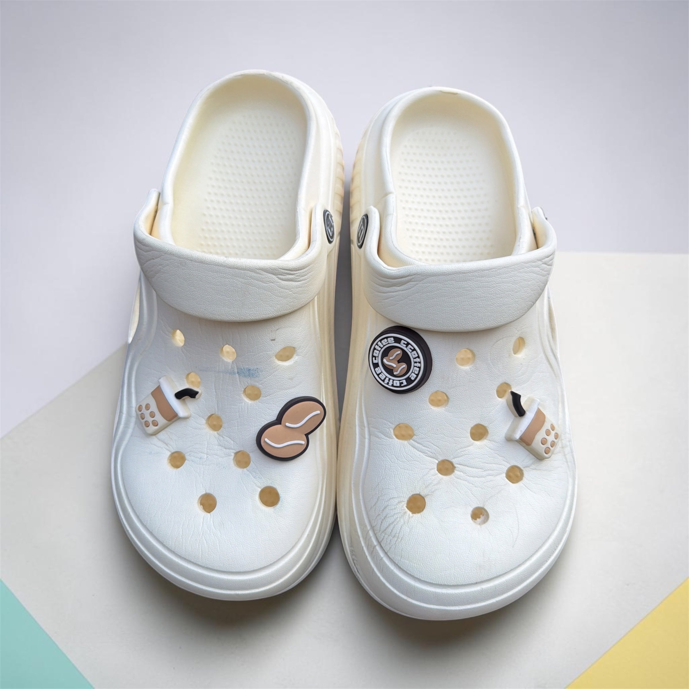 Cream White Clogs with Coffee Charms | Studded Decorative Pins | Comfortable Foam Clogs