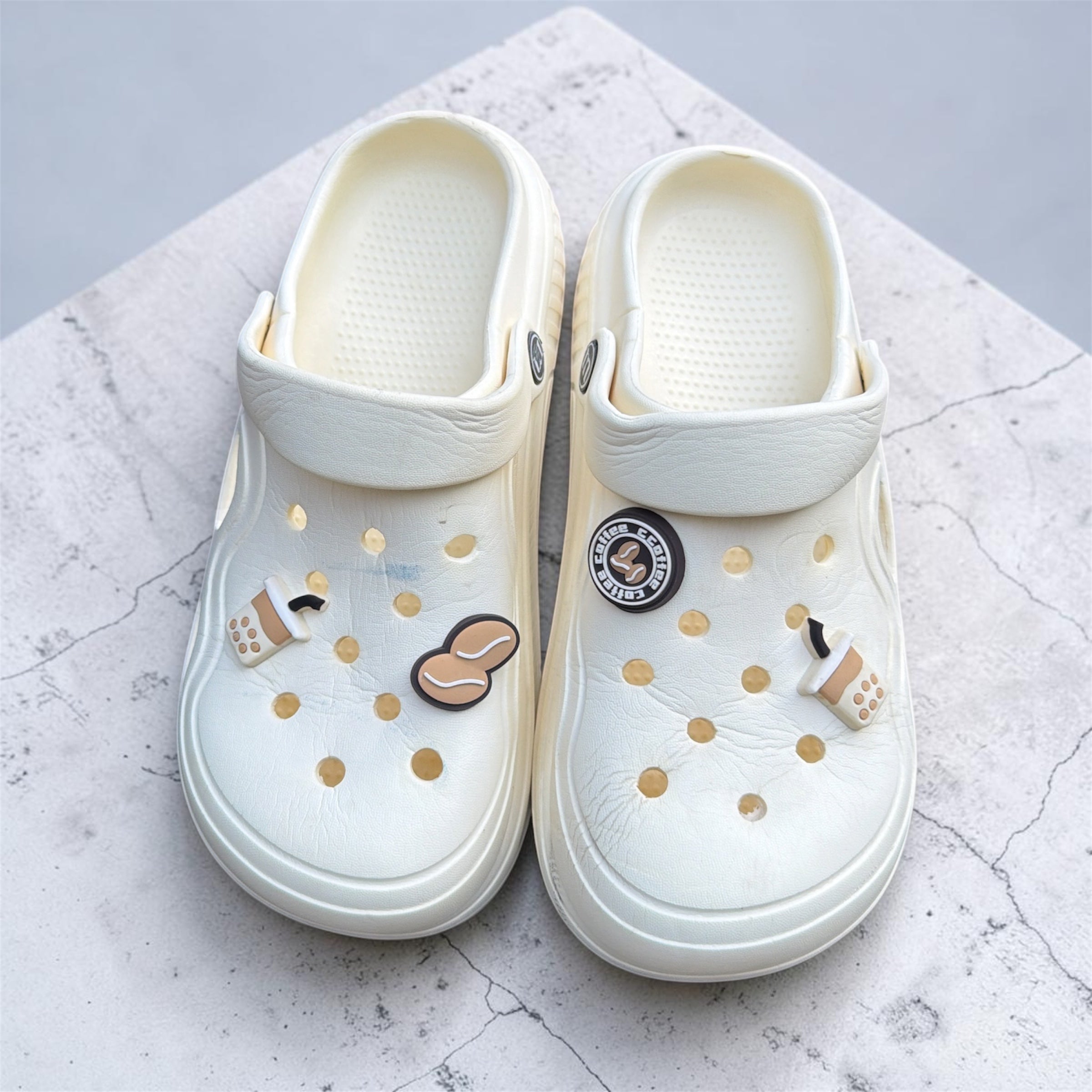 Cream White Clogs with Coffee Charms | Studded Decorative Pins | Comfortable Foam Clogs
