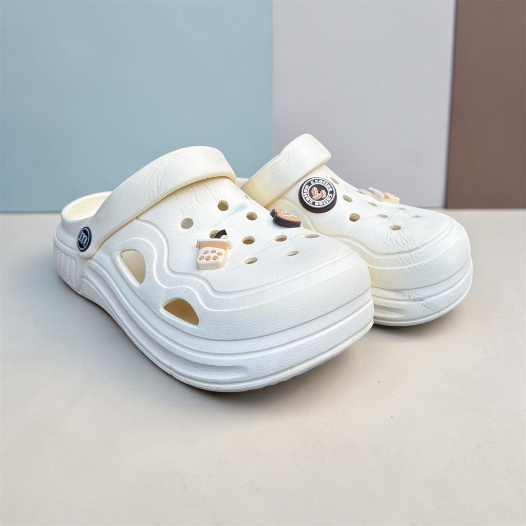 Cream White Clogs with Coffee Charms | Studded Decorative Pins | Comfortable Foam Clogs