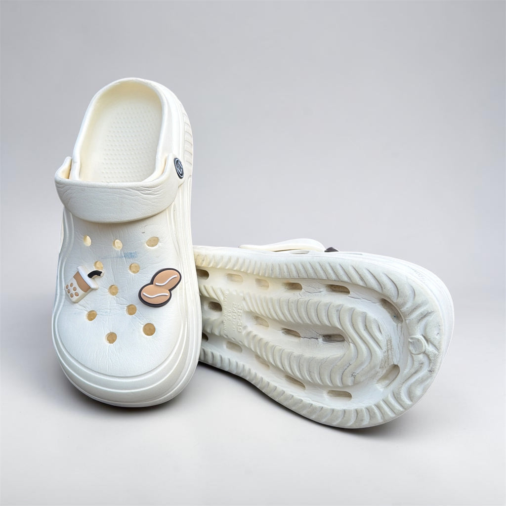 Cream White Clogs with Coffee Charms | Studded Decorative Pins | Comfortable Foam Clogs