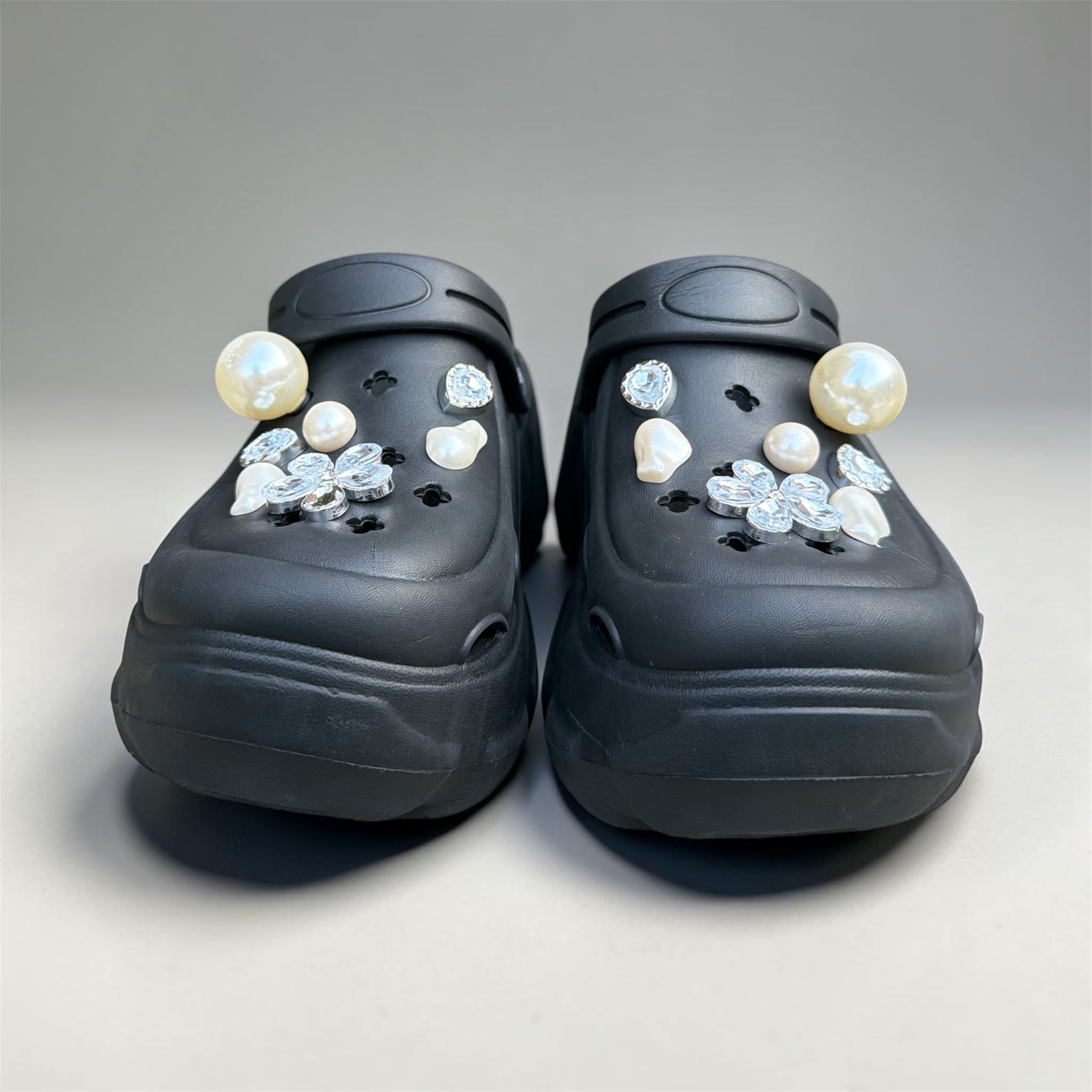 Black Bling Clogs with Pearl & Rhinestone Charms | Glam Crystal Flower Decorated Clogs