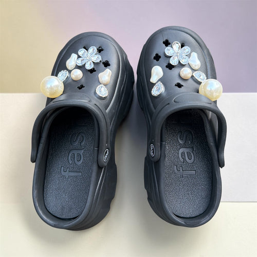 Black Bling Clogs with Pearl & Rhinestone Charms | Glam Crystal Flower Decorated Clogs