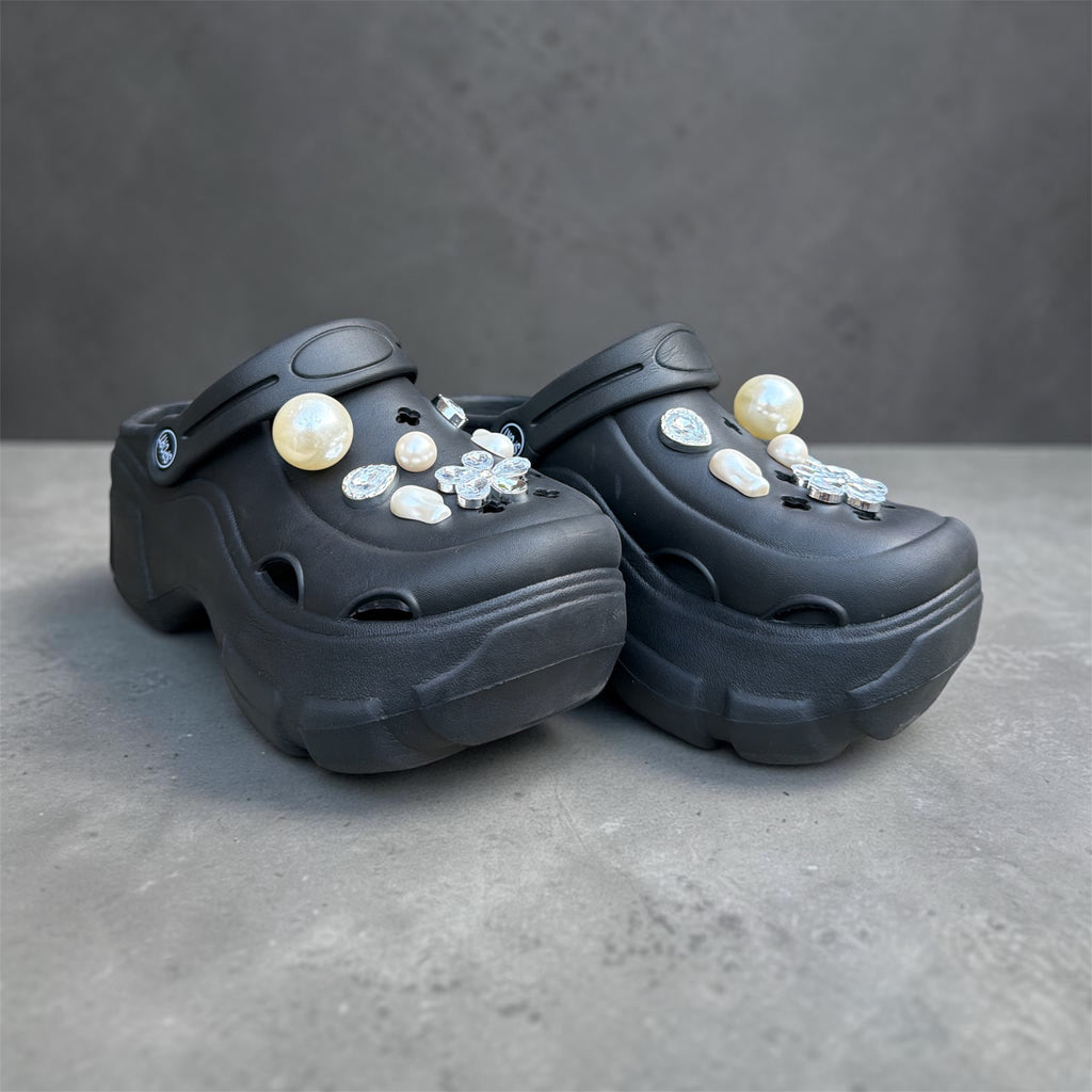 Black Bling Clogs with Pearl & Rhinestone Charms | Glam Crystal Flower Decorated Clogs