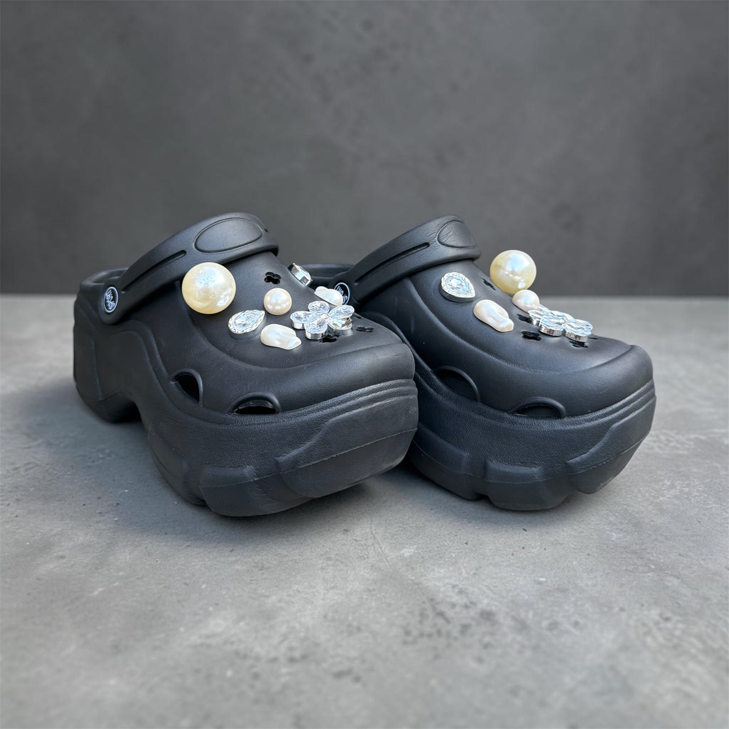 Black Bling Clogs with Pearl & Rhinestone Charms | Glam Crystal Flower Decorated Clogs