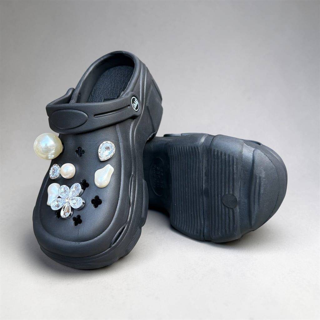 Black Bling Clogs with Pearl & Rhinestone Charms | Glam Crystal Flower Decorated Clogs