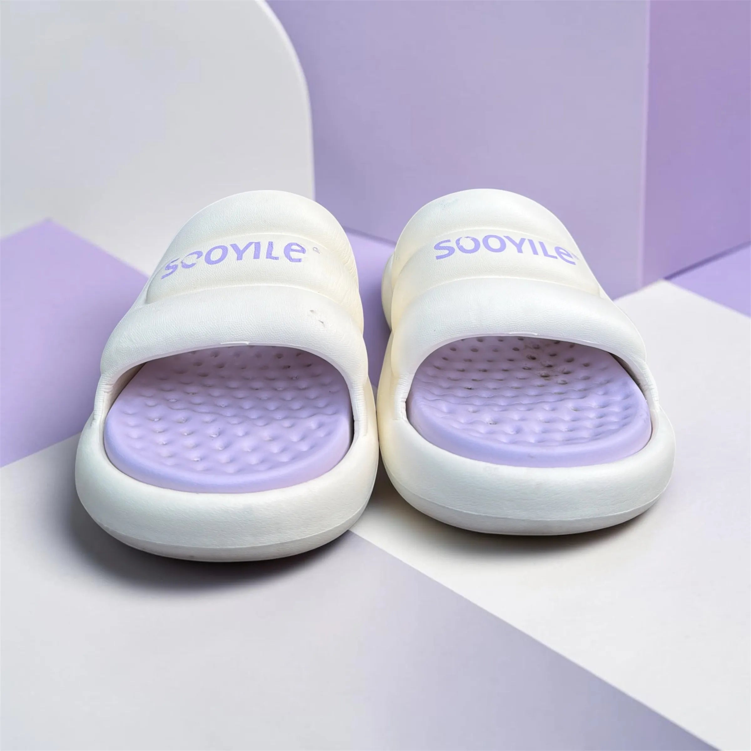 Cream White Slides with Lavender Footbed | Scoyile Branded Foam Sliders | Pastel Comfort Slippers