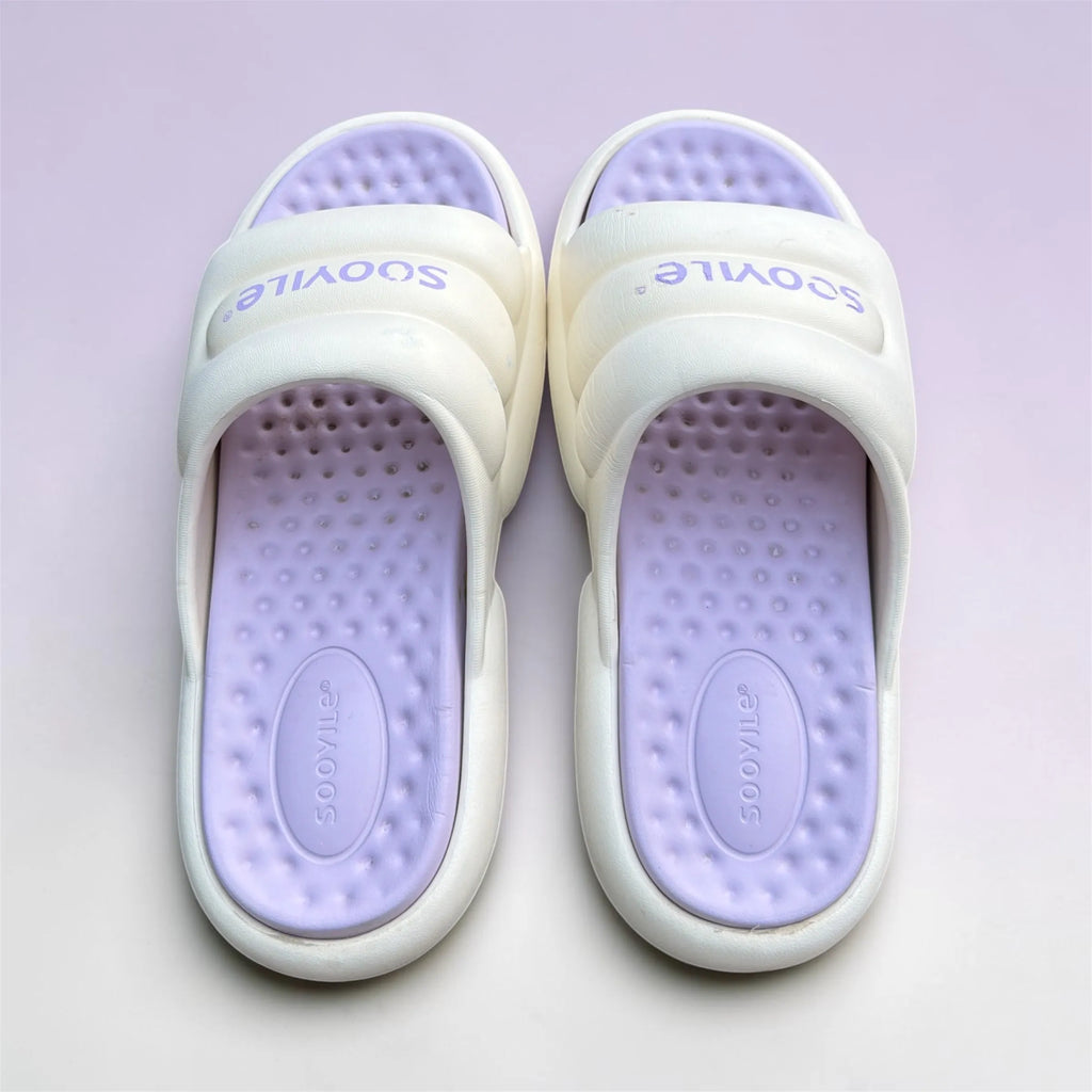Cream White Slides with Lavender Footbed | Scoyile Branded Foam Sliders | Pastel Comfort Slippers