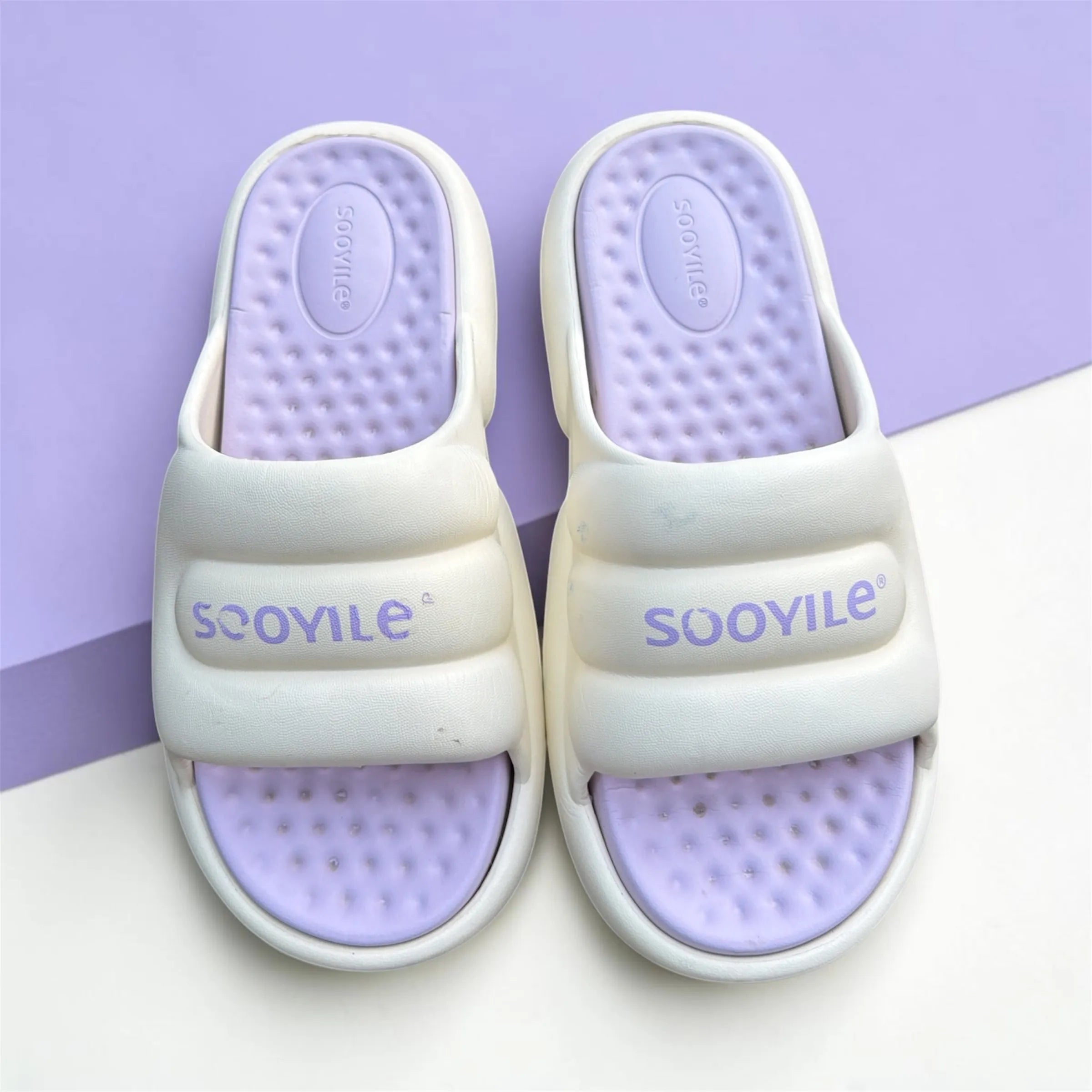 Cream White Slides with Lavender Footbed | Scoyile Branded Foam Sliders | Pastel Comfort Slippers