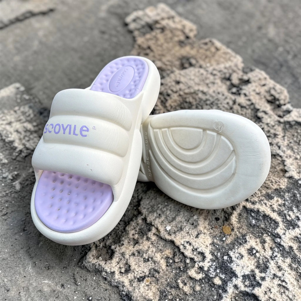 Cream White Slides with Lavender Footbed | Scoyile Branded Foam Sliders | Pastel Comfort Slippers