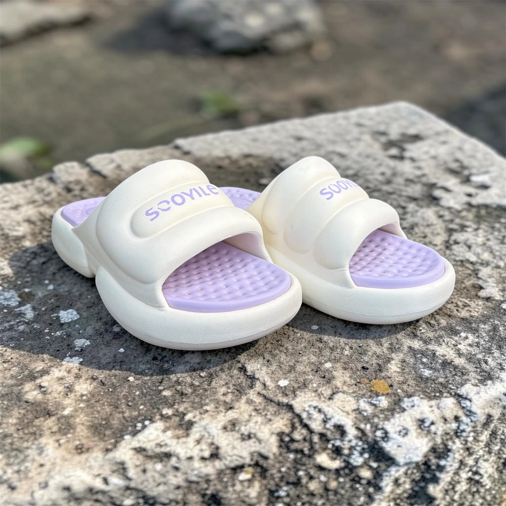 Cream White Slides with Lavender Footbed | Scoyile Branded Foam Sliders | Pastel Comfort Slippers