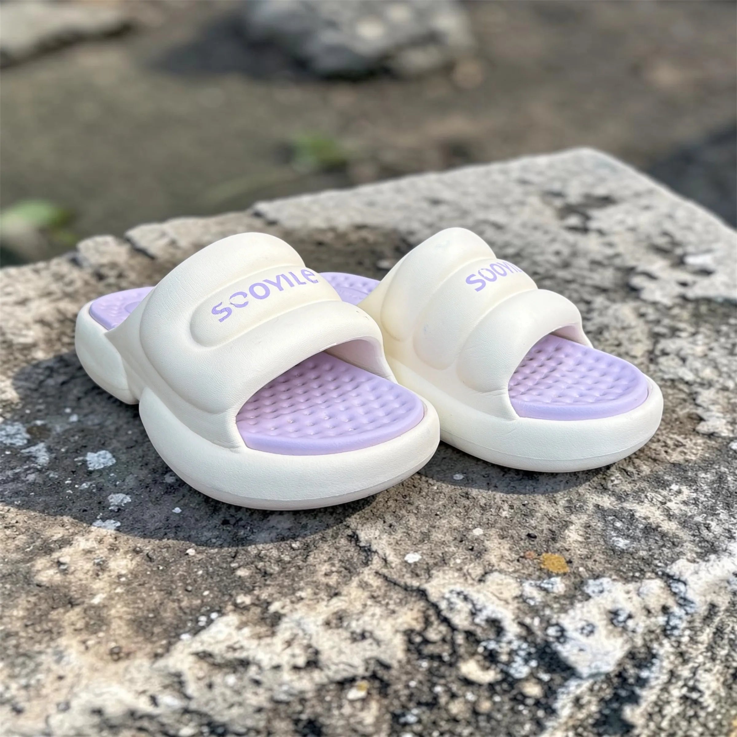 Cream White Slides with Lavender Footbed | Scoyile Branded Foam Sliders | Pastel Comfort Slippers